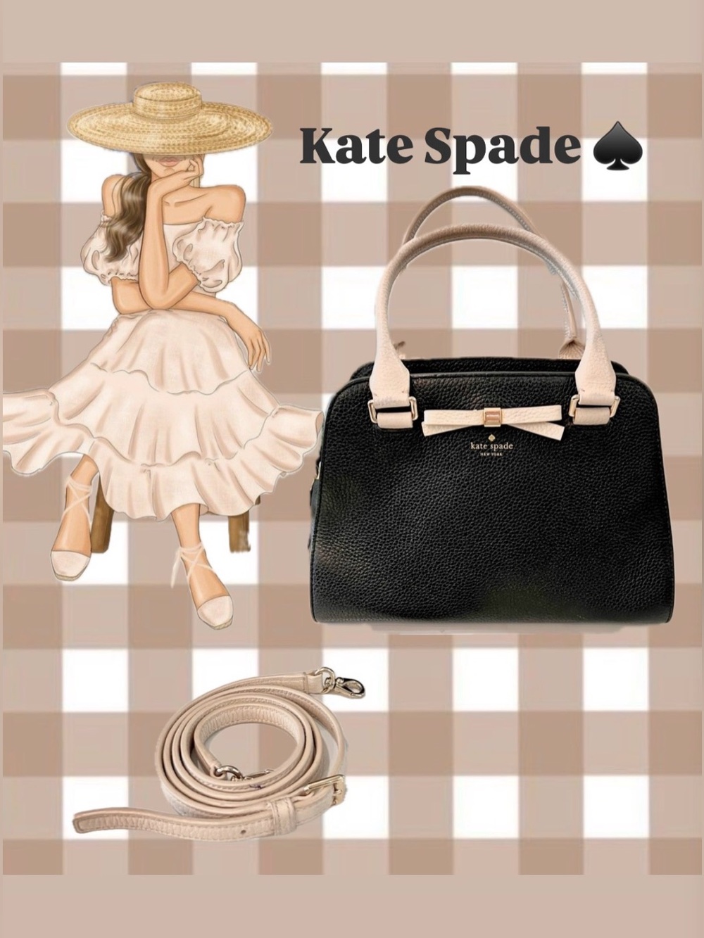 kate spade Black and Cream Pebbled Leather Satchel with Bow